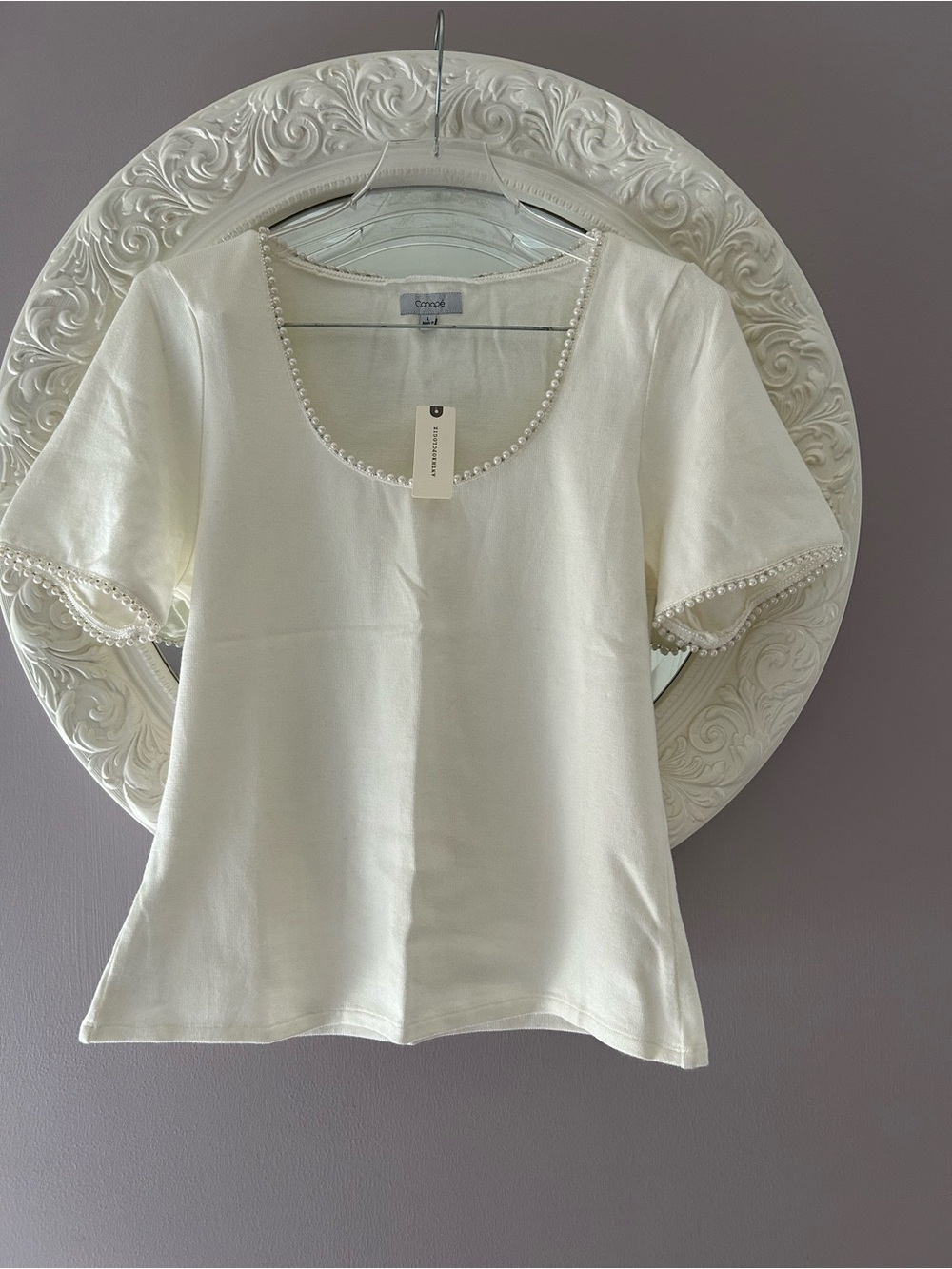 Anthropology Short Sleeve Pearl-Trim Top L NEW W.tags